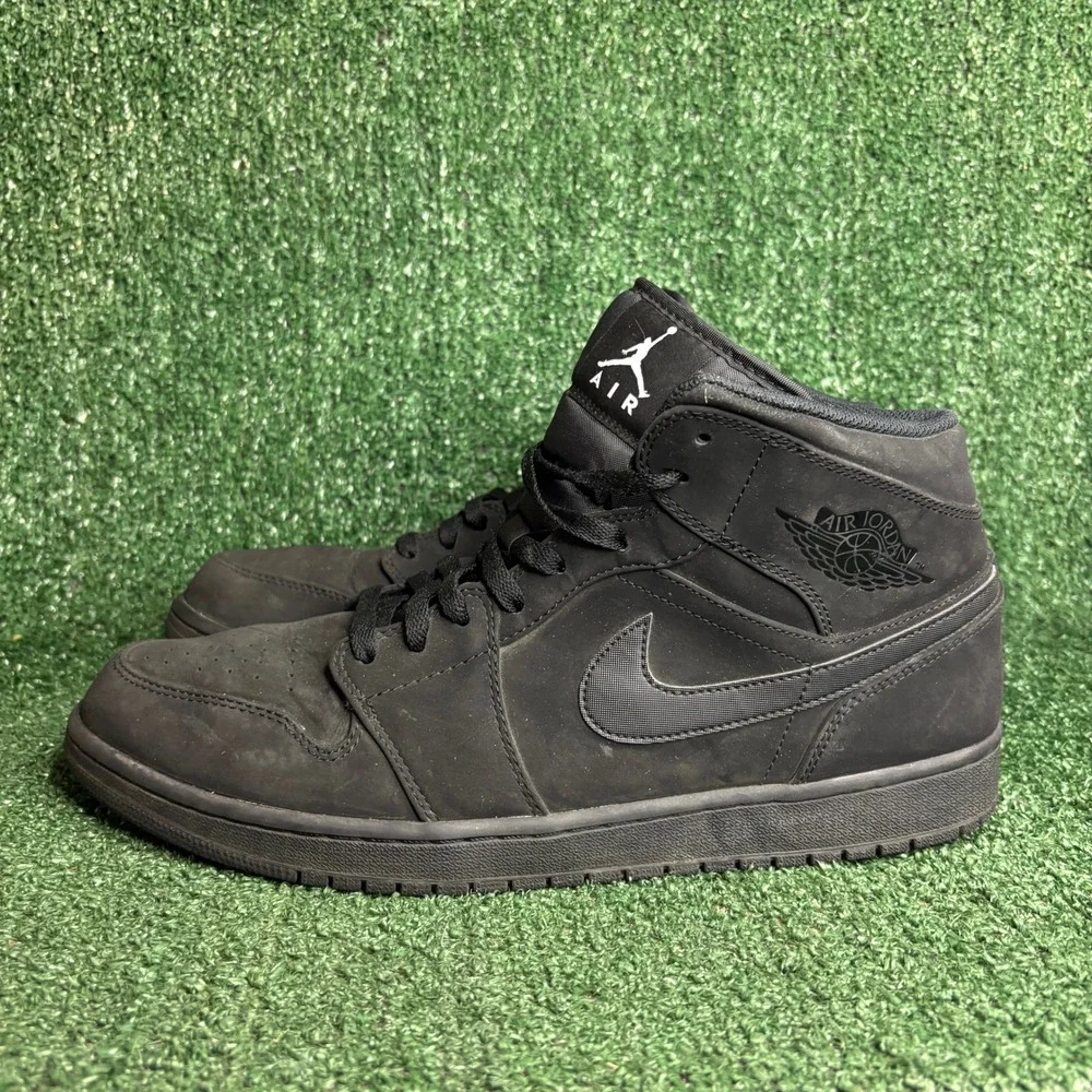 Jordan 1 Mid Nubuck Leather Athletic Basketball Sneaker Triple Black Mens Sz 14